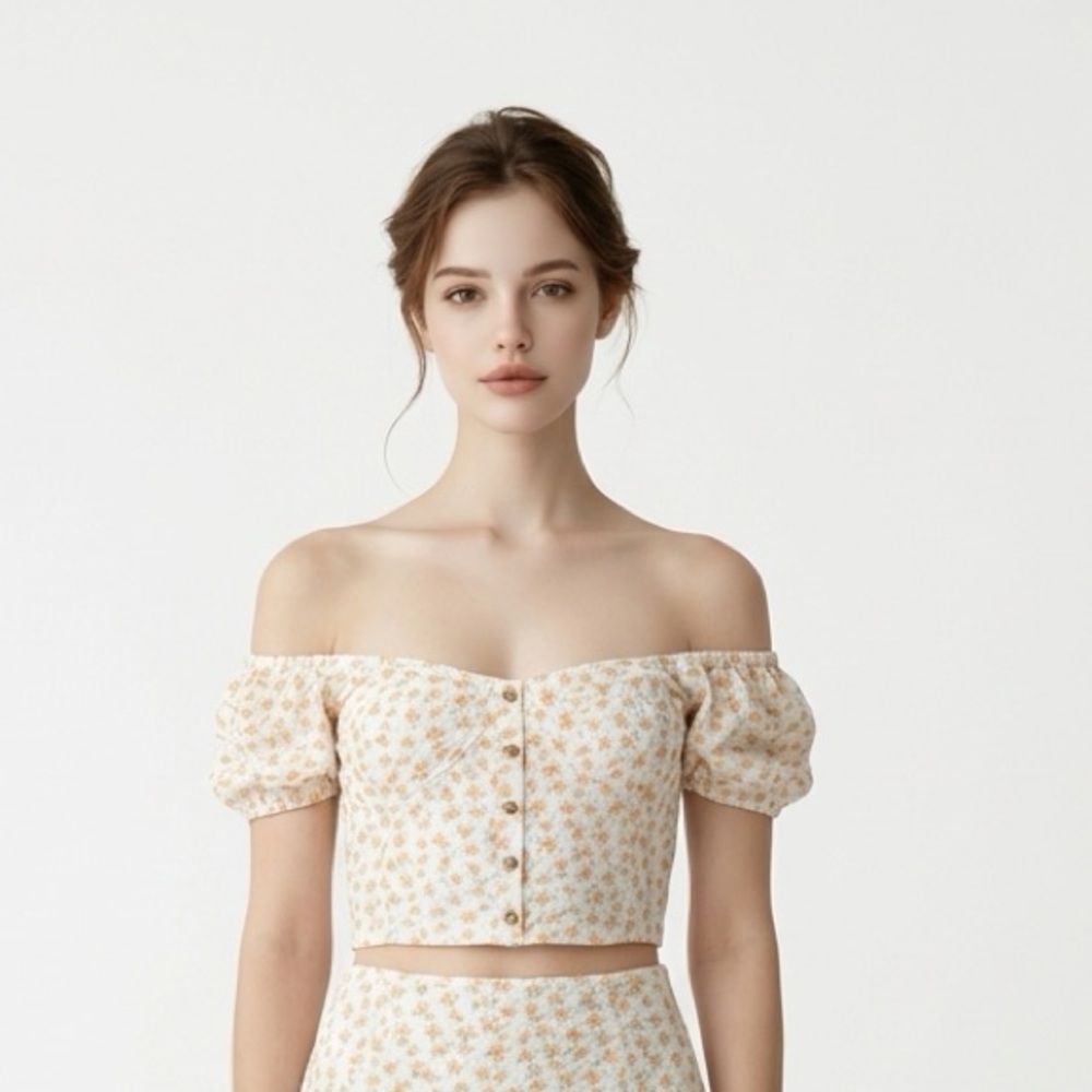 Billabong Cream Floral Puff Sleeve Crop Top Cottagecore Boho Size L